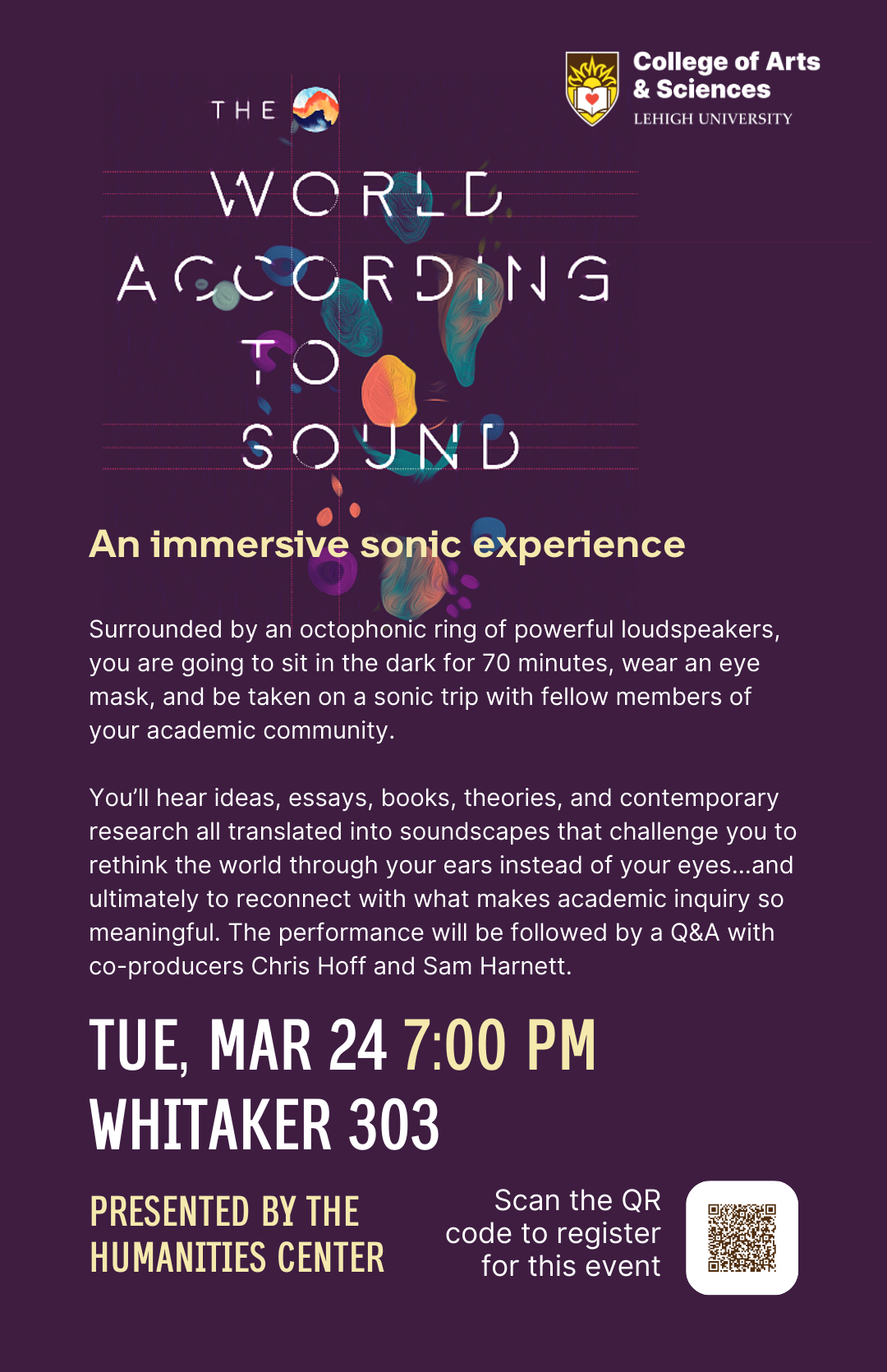 World of Sound Event Flyer 2026 dark purple background with white text. There are some swirling colorful blobs near the title.