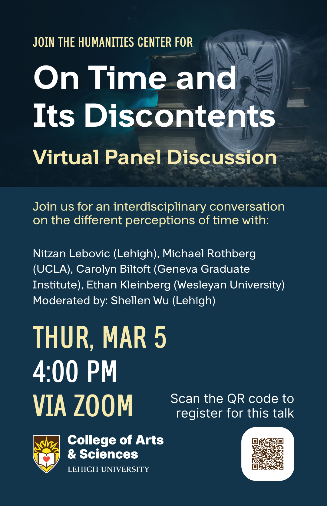 Zoom Panel Event flyer. On a dark blue background is text and a Dali melting clock.