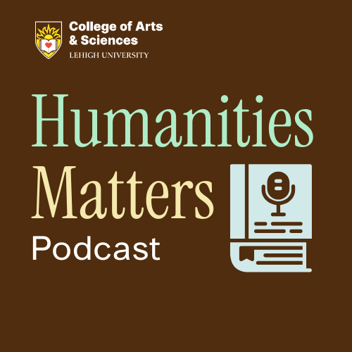 Humanities Matters Podcast in light text on a brown background. A book with a microphone is next to the text.